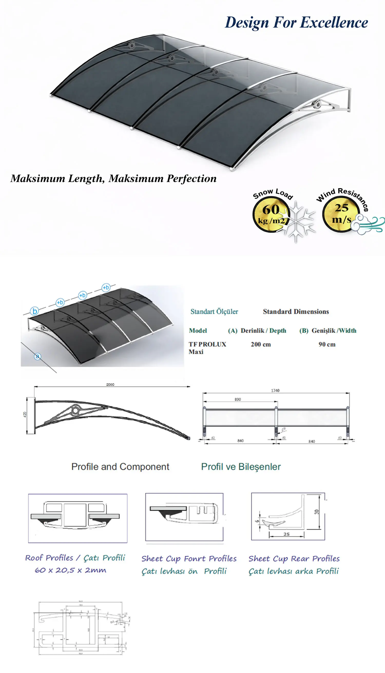 Dessin technique et détails de profils de la marquise modulaire Prolux Maxi